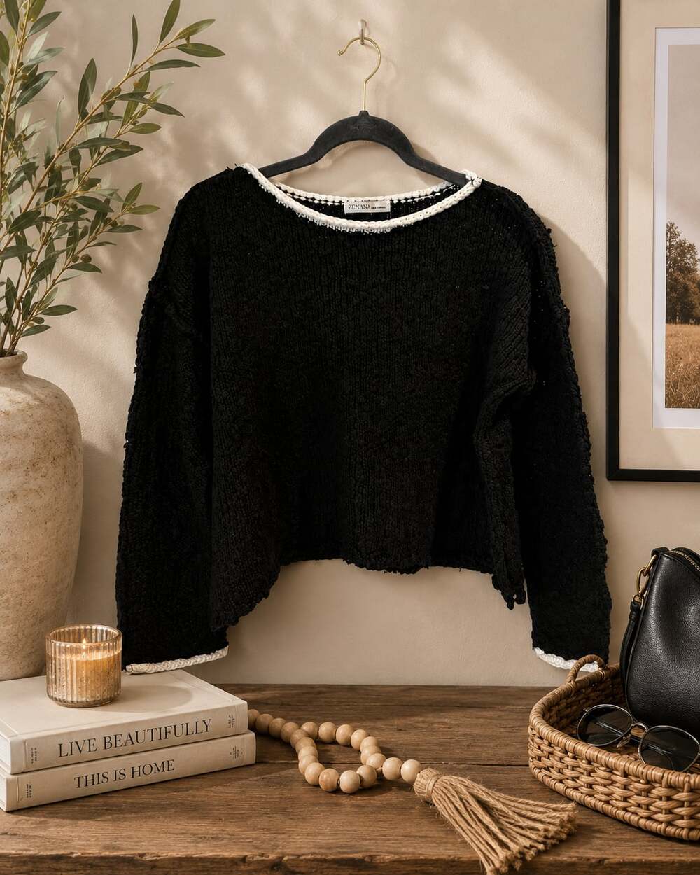 NWT Zenana Contrast Trim Cropped Crochet Sweater Sz L